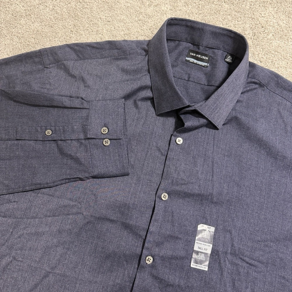 Van Heusen Tall Fit Shirt Mens 18.5 37/38 Midnight Comfort Performance Button Up